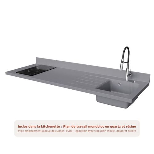 K55 : Gris - Plan Monobloc Cromo Évier à Droite + Electro Blanc
