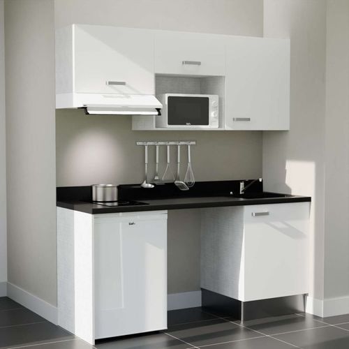 K55 : Blanc - Plan Monobloc Nero Évier à Droite + Electro Blanc