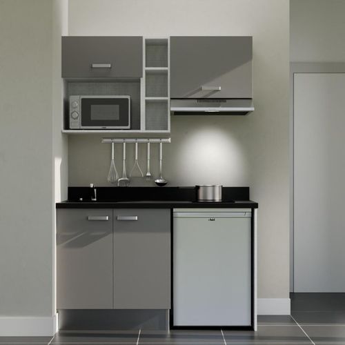 K13 : Gris - Plan Monobloc Nero Évier à Gauche + Electro Inox