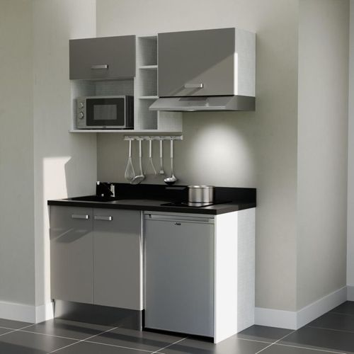 K13 : Gris - Plan Monobloc Nero Évier à Gauche + Electro Inox