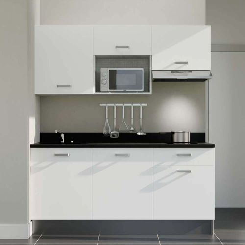 K30 : Blanc - Plan Monobloc Nero Évier à Gauche + Electro Inox