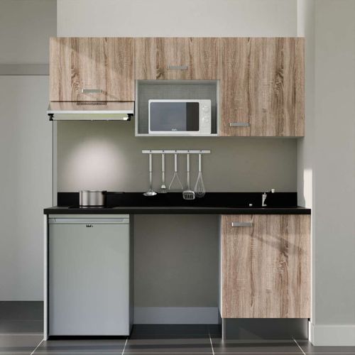 K55 : Bois - Plan Monobloc Nero Évier à Droite + Electro Inox