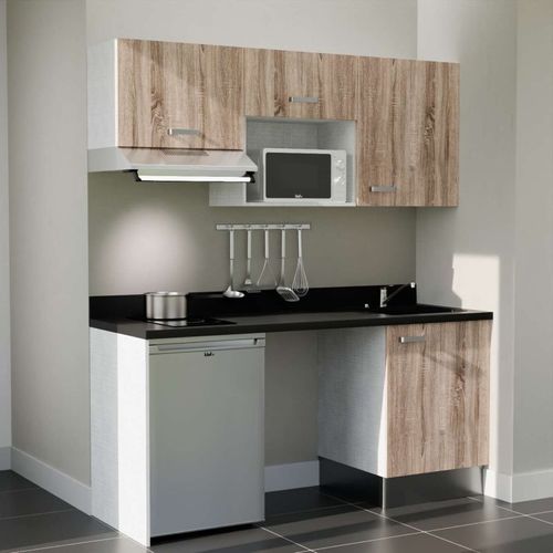 K55 : Bois - Plan Monobloc Nero Évier à Droite + Electro Inox