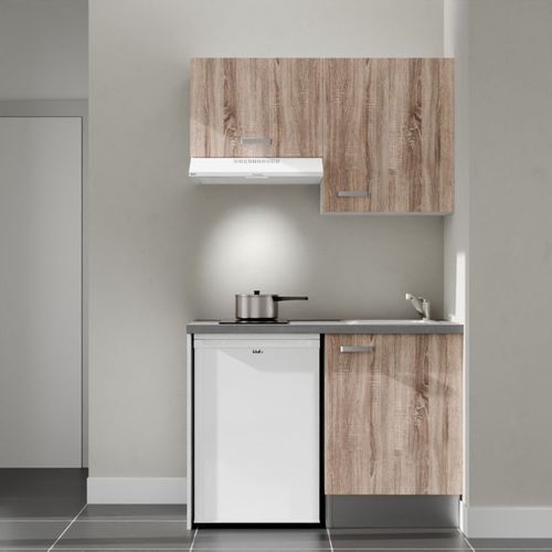 Kitchenette K01l-pt - 120 Cm-façade Bois-plan Gris Béton-evier Inox-crédences Non+electro Blanc