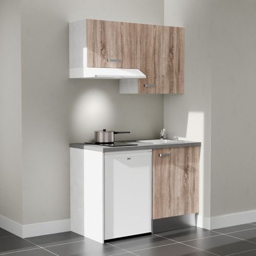Kitchenette K01l-pt - 120 Cm-façade Bois-plan Gris Béton-evier Inox-crédences Non+electro Blanc