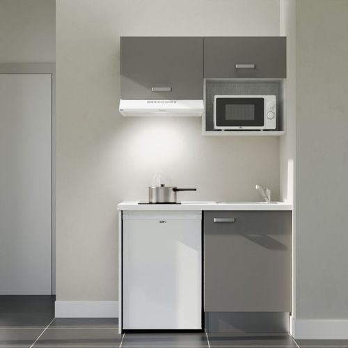 Kitchenette K02l-pt - 120 Cm-façade Gris-plan Blanc-evier Inox-crédences Non+electro Blanc
