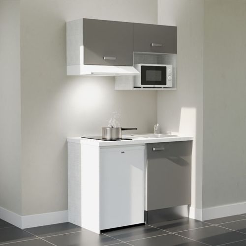 Kitchenette K02l-pt - 120 Cm-façade Gris-plan Blanc-evier Inox-crédences Non+electro Blanc