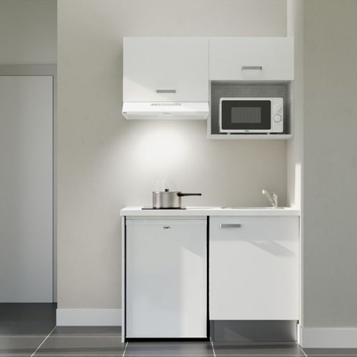 Kitchenette K02l-pt - 120 Cm-façade Blanc-plan Blanc-evier Inox-crédences Non+electro Blanc