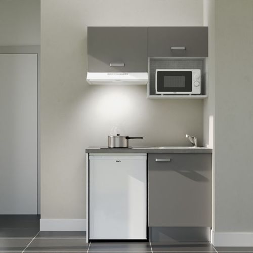 Kitchenette K02l-pt - 120 Cm-façade Gris-plan Gris Béton-evier Inox-crédences Non+electro Blanc