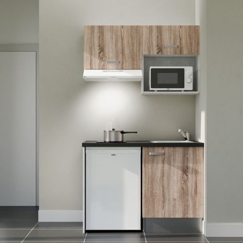 Kitchenette K02l-pt - 120 Cm-façade Bois-plan Noir Texturé-evier Inox-crédences Non+electro Blanc
