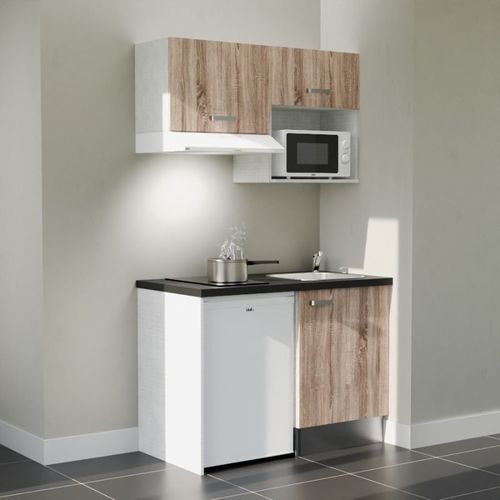 Kitchenette K02l-pt - 120 Cm-façade Bois-plan Noir Texturé-evier Inox-crédences Non+electro Blanc