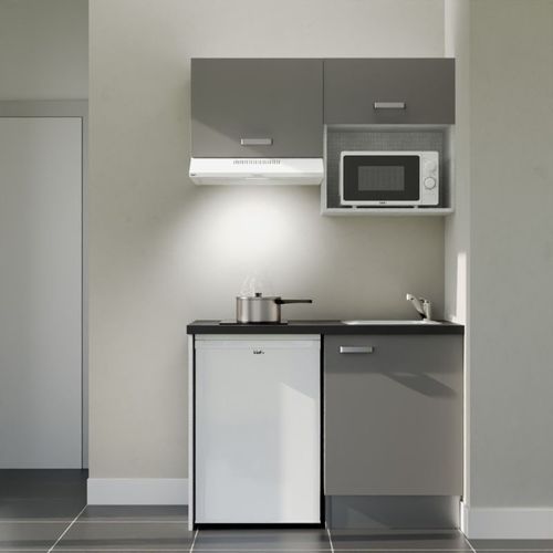 Kitchenette K02l-pt - 120 Cm-façade Gris-plan Noir Texturé-evier Inox-crédences Non+electro Blanc