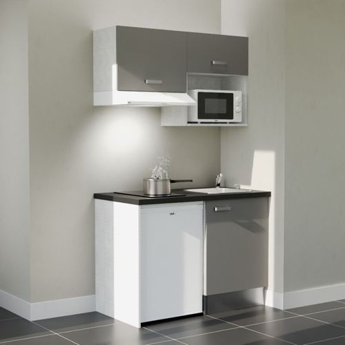 Kitchenette K02l-pt - 120 Cm-façade Gris-plan Noir Texturé-evier Inox-crédences Non+electro Blanc