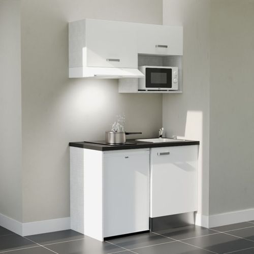Kitchenette K02l-pt - 120 Cm-façade Blanc-plan Noir Texturé-evier Inox-crédences Non+electro Blanc