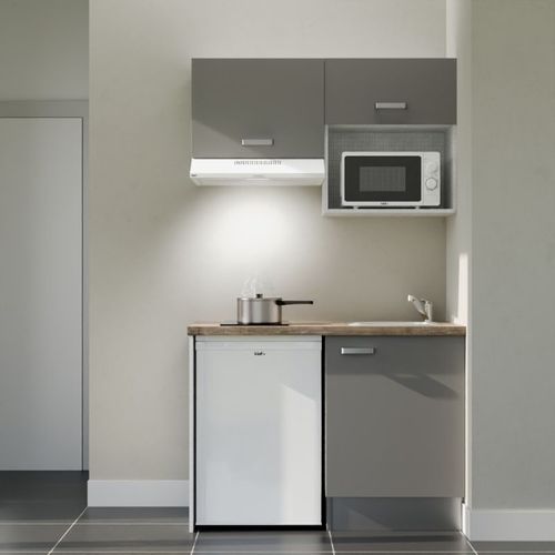 Kitchenette K02l-pt - 120 Cm-façade Gris-plan Bois-evier Inox-crédences Non+electro Blanc