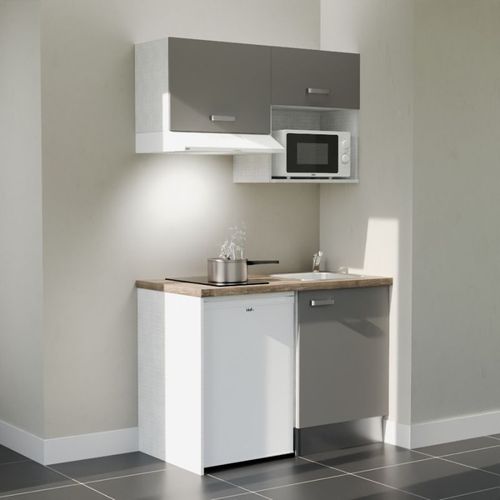 Kitchenette K02l-pt - 120 Cm-façade Gris-plan Bois-evier Inox-crédences Non+electro Blanc