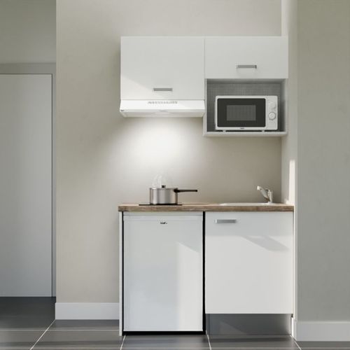 Kitchenette K02l-pt - 120 Cm-façade Blanc-plan Bois-evier Inox-crédences Non+electro Blanc