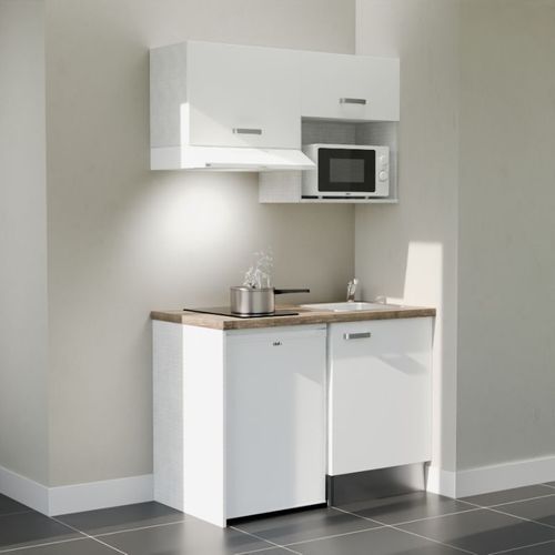 Kitchenette K02l-pt - 120 Cm-façade Blanc-plan Bois-evier Inox-crédences Non+electro Blanc