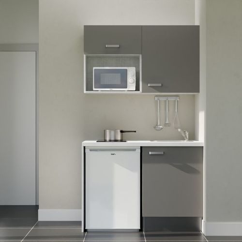 Kitchenette K07l-pt - 120 Cm-façade Gris-plan Blanc-evier Inox-crédences Non+electro Blanc