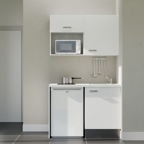 Kitchenette K07l-pt - 120 Cm-façade Blanc-plan Blanc-evier Inox-crédences Non+electro Blanc