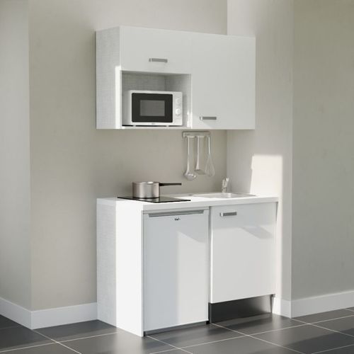 Kitchenette K07l-pt - 120 Cm-façade Blanc-plan Blanc-evier Inox-crédences Non+electro Blanc