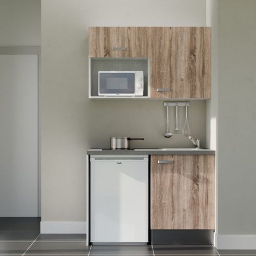Kitchenette K07l-pt - 120 Cm-façade Bois-plan Gris Béton-evier Inox-crédences Non+electro Blanc