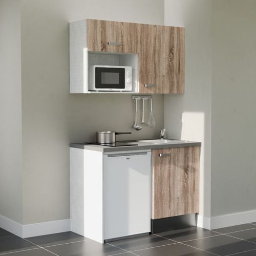 Kitchenette K07l-pt - 120 Cm-façade Bois-plan Gris Béton-evier Inox-crédences Non+electro Blanc