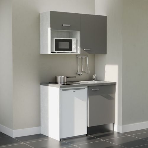 Kitchenette K07l-pt - 120 Cm-façade Gris-plan Gris Béton-evier Inox-crédences Non+electro Blanc