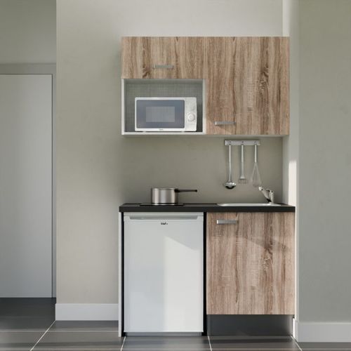 Kitchenette K07l-pt - 120 Cm-façade Bois-plan Noir Texturé-evier Inox-crédences Non+electro Blanc