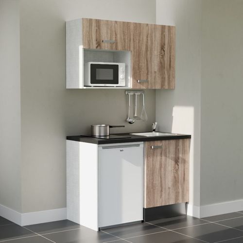 Kitchenette K07l-pt - 120 Cm-façade Bois-plan Noir Texturé-evier Inox-crédences Non+electro Blanc