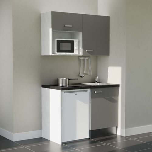Kitchenette K07l-pt - 120 Cm-façade Gris-plan Noir Texturé-evier Inox-crédences Non+electro Blanc