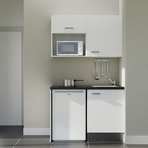 Kitchenette K07l-pt - 120 Cm-façade Blanc-plan Noir Texturé-evier Inox-crédences Non+electro Blanc