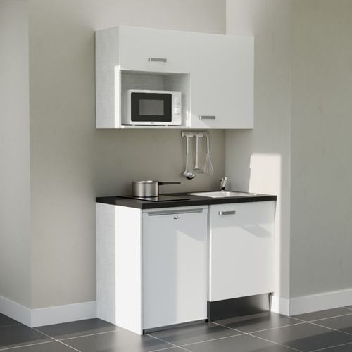Kitchenette K07l-pt - 120 Cm-façade Blanc-plan Noir Texturé-evier Inox-crédences Non+electro Blanc