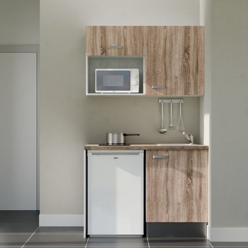 Kitchenette K07l-pt - 120 Cm-façade Bois-plan Bois-evier Inox-crédences Non+electro Blanc