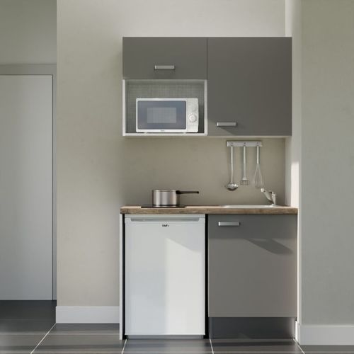 Kitchenette K07l-pt - 120 Cm-façade Gris-plan Bois-evier Inox-crédences Non+electro Blanc