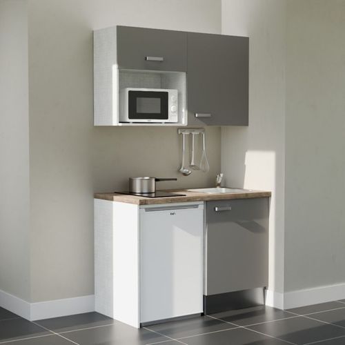 Kitchenette K07l-pt - 120 Cm-façade Gris-plan Bois-evier Inox-crédences Non+electro Blanc