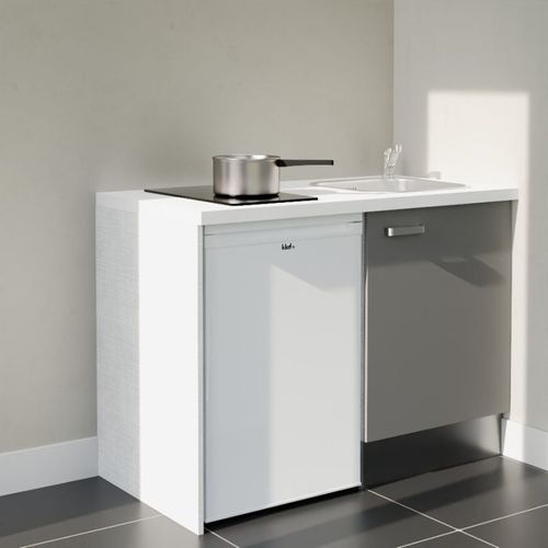 Kitchenette K08l-pt - 120 Cm-façade Gris-plan Blanc-evier Inox-crédences Non+electro Blanc