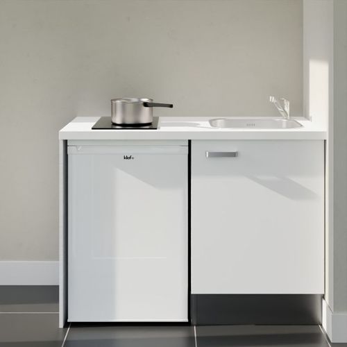 Kitchenette K08l-pt - 120 Cm-façade Blanc-plan Blanc-evier Inox-crédences Non+electro Blanc