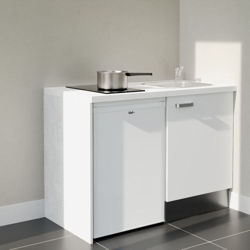 Kitchenette K08l-pt - 120 Cm-façade Blanc-plan Blanc-evier Inox-crédences Non+electro Blanc