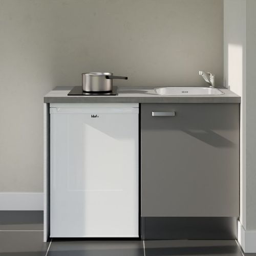 Kitchenette K08l-pt - 120 Cm-façade Gris-plan Gris Béton-evier Inox-crédences Non+electro Blanc