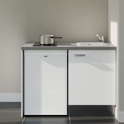 Kitchenette K08l-pt - 120 Cm-façade Blanc-plan Gris Béton-evier Inox-crédences Non+electro Blanc