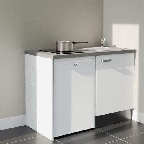 Kitchenette K08l-pt - 120 Cm-façade Blanc-plan Gris Béton-evier Inox-crédences Non+electro Blanc