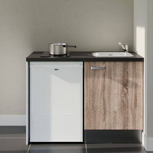 Kitchenette K08l-pt - 120 Cm-façade Bois-plan Noir Texturé-evier Inox-crédences Non+electro Blanc