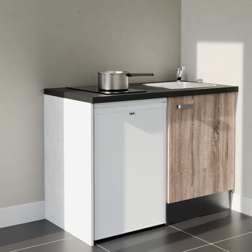 Kitchenette K08l-pt - 120 Cm-façade Bois-plan Noir Texturé-evier Inox-crédences Non+electro Blanc
