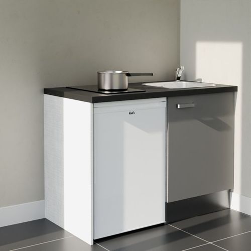 Kitchenette K08l-pt - 120 Cm-façade Gris-plan Noir Texturé-evier Inox-crédences Non+electro Blanc