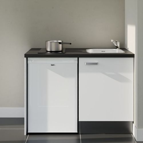 Kitchenette K08l-pt - 120 Cm-façade Blanc-plan Noir Texturé-evier Inox-crédences Non+electro Blanc