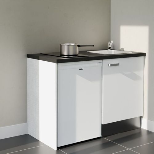 Kitchenette K08l-pt - 120 Cm-façade Blanc-plan Noir Texturé-evier Inox-crédences Non+electro Blanc