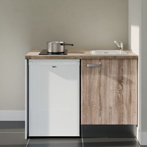 Kitchenette K08l-pt - 120 Cm-façade Bois-plan Bois-evier Inox-crédences Non+electro Blanc