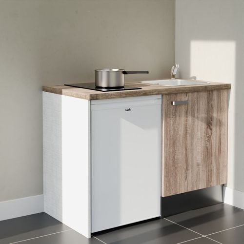 Kitchenette K08l-pt - 120 Cm-façade Bois-plan Bois-evier Inox-crédences Non+electro Blanc
