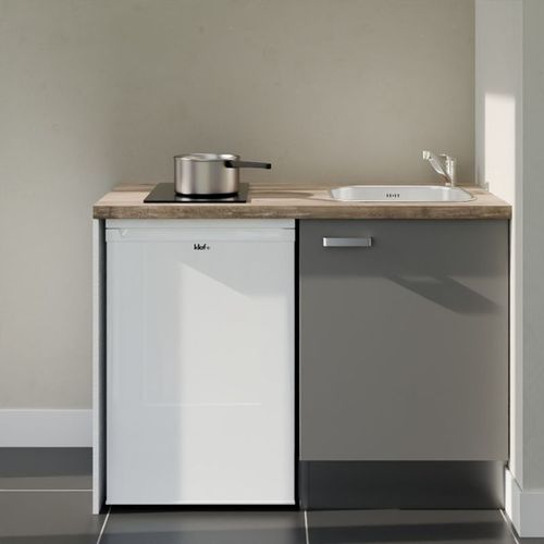 Kitchenette K08l-pt - 120 Cm-façade Gris-plan Bois-evier Inox-crédences Non+electro Blanc